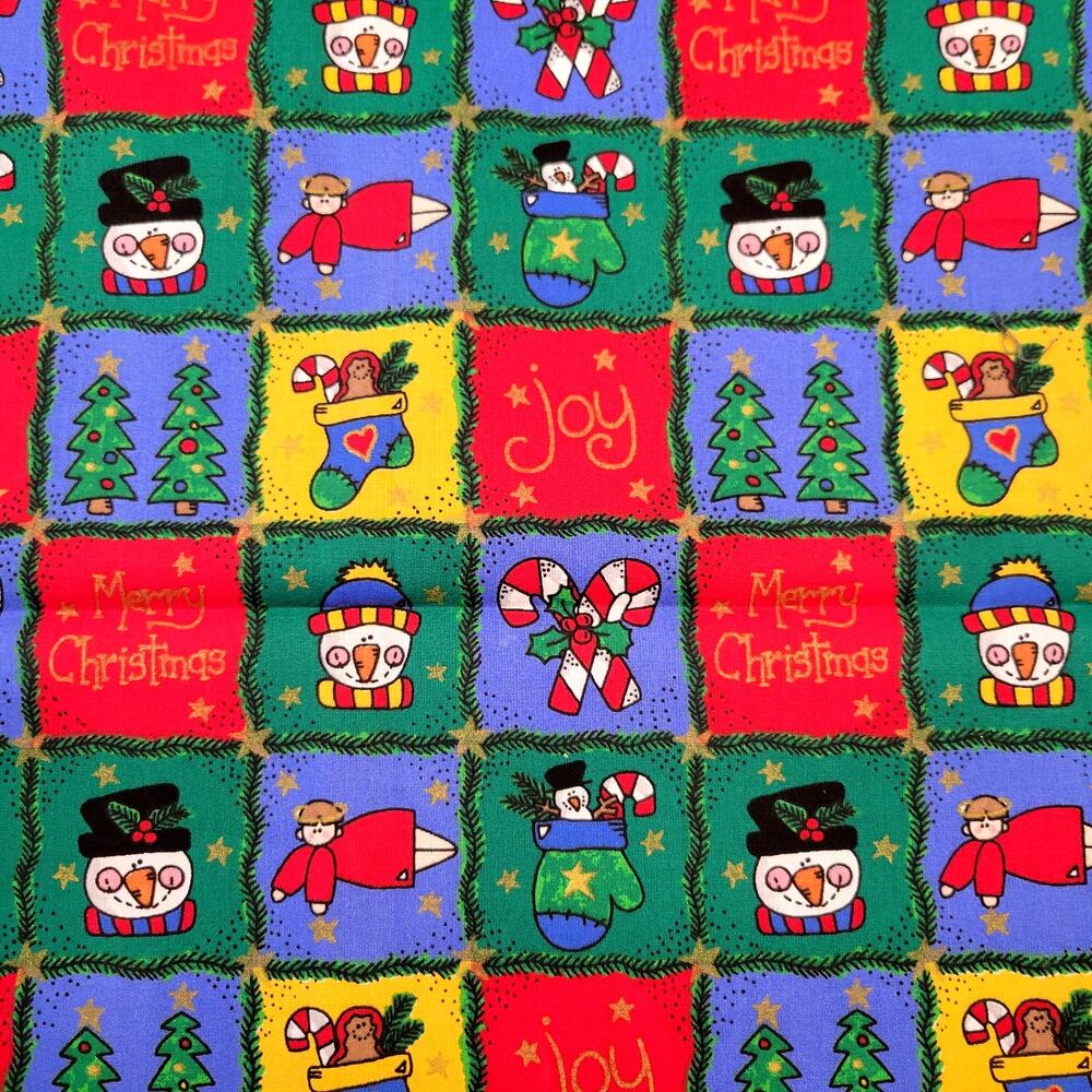 Cotton Fabric Christmas Squares Snowman Tree Candy Cane Joy 18 x 44” Holiday